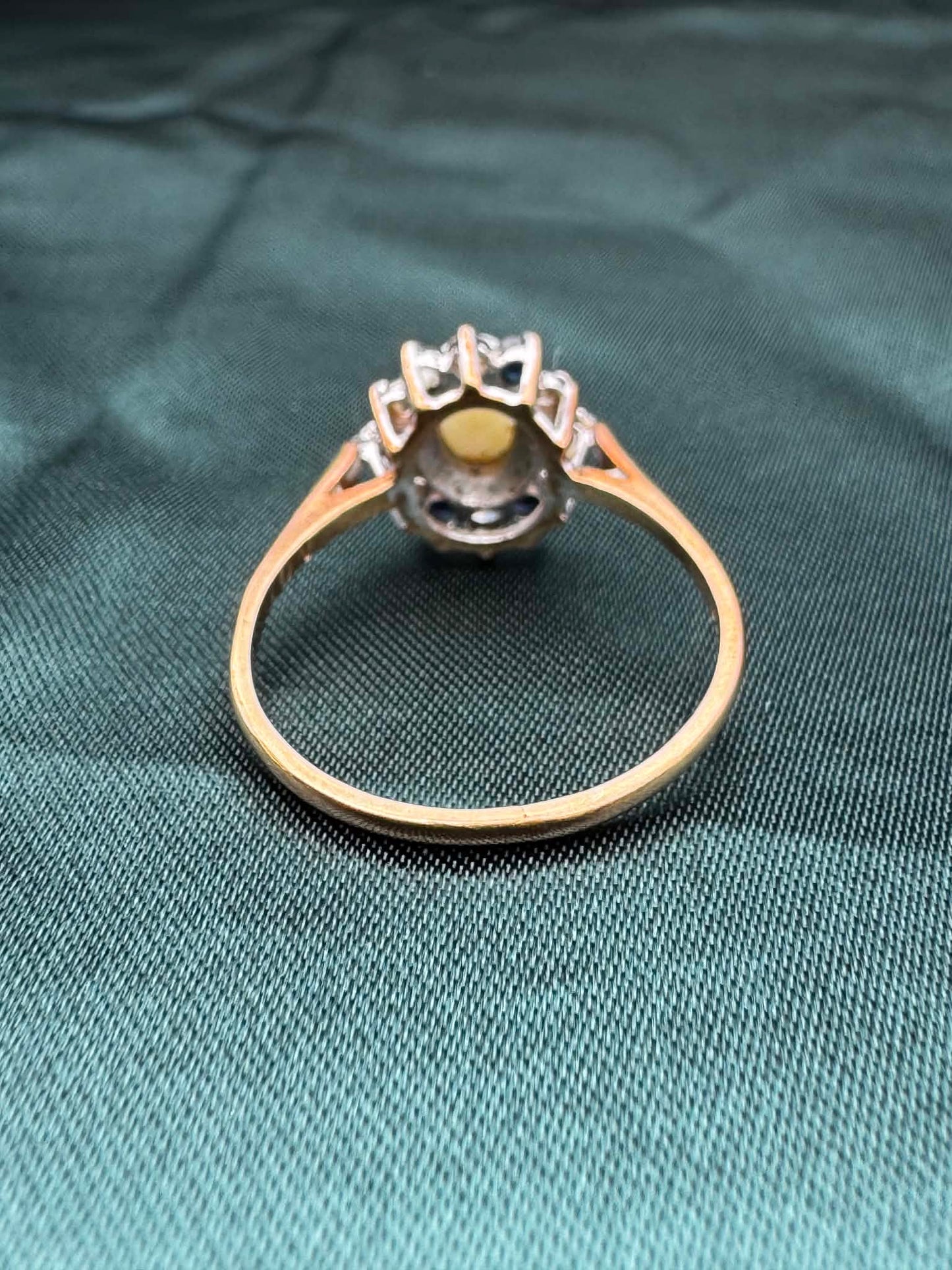 Opal, diamond and gem cluster ring in 9ct yellow gold, band and reverse view