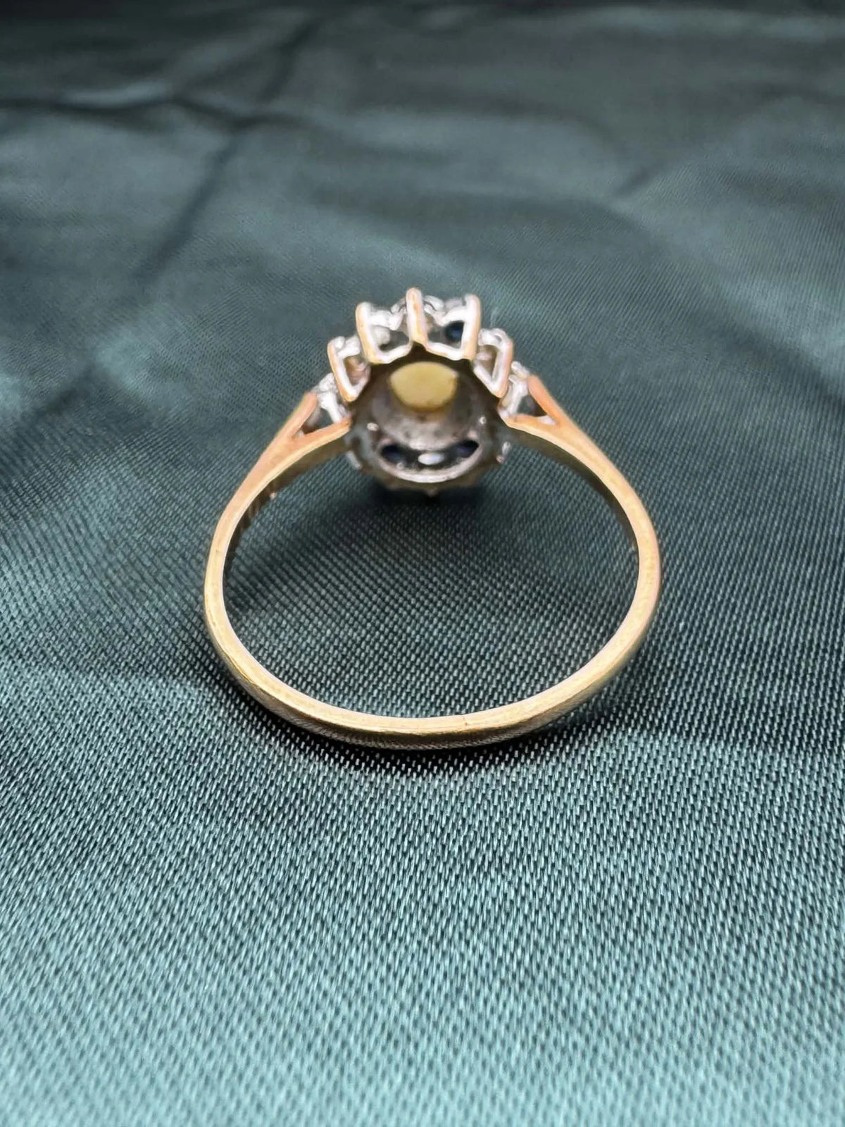 Opal, diamond and gem cluster ring in 9ct yellow gold, band and reverse view