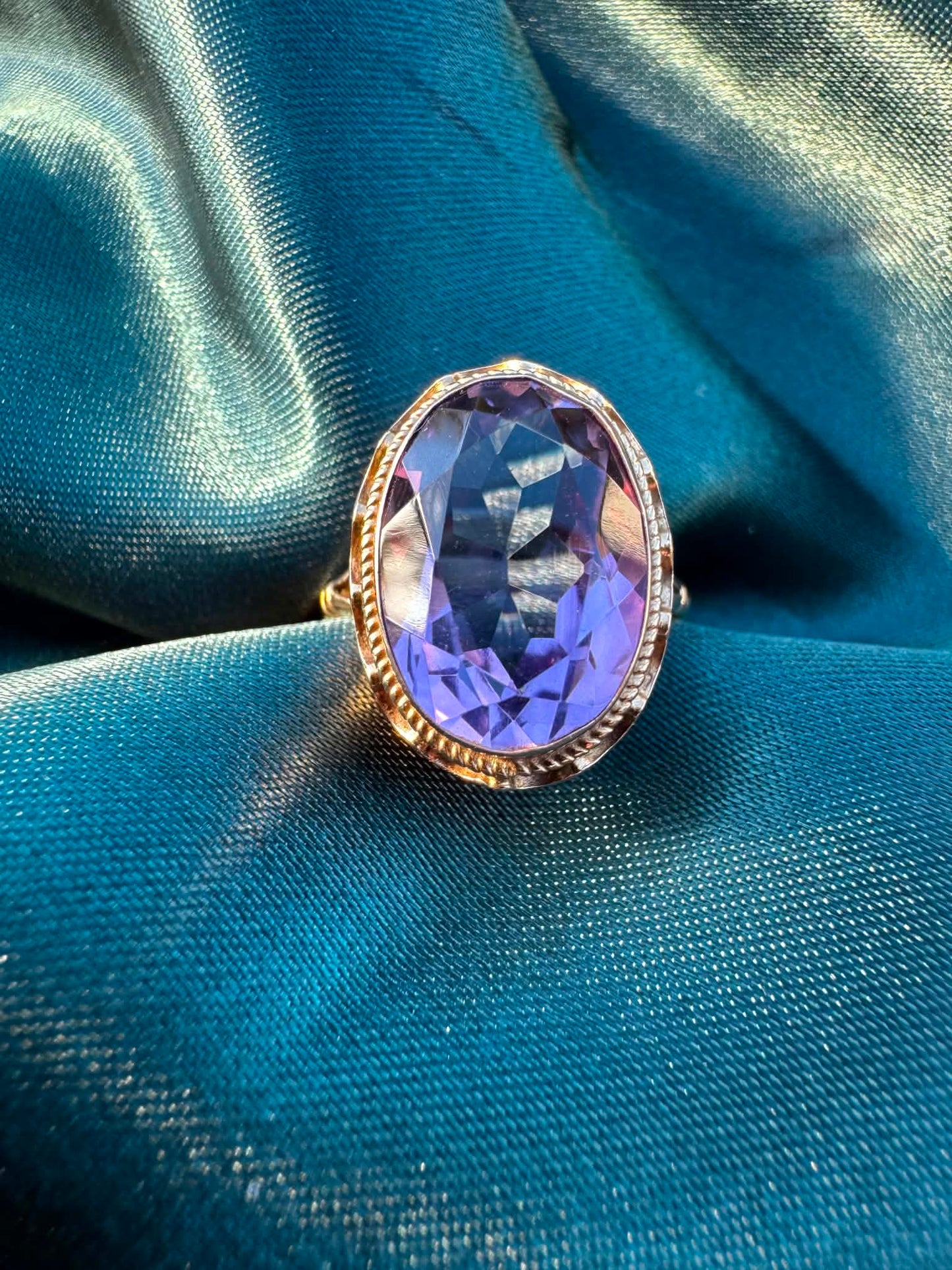 1968 Amethyst Solitaire Ring in 9ct Gold — top view showing oval amethyst and decorative setting