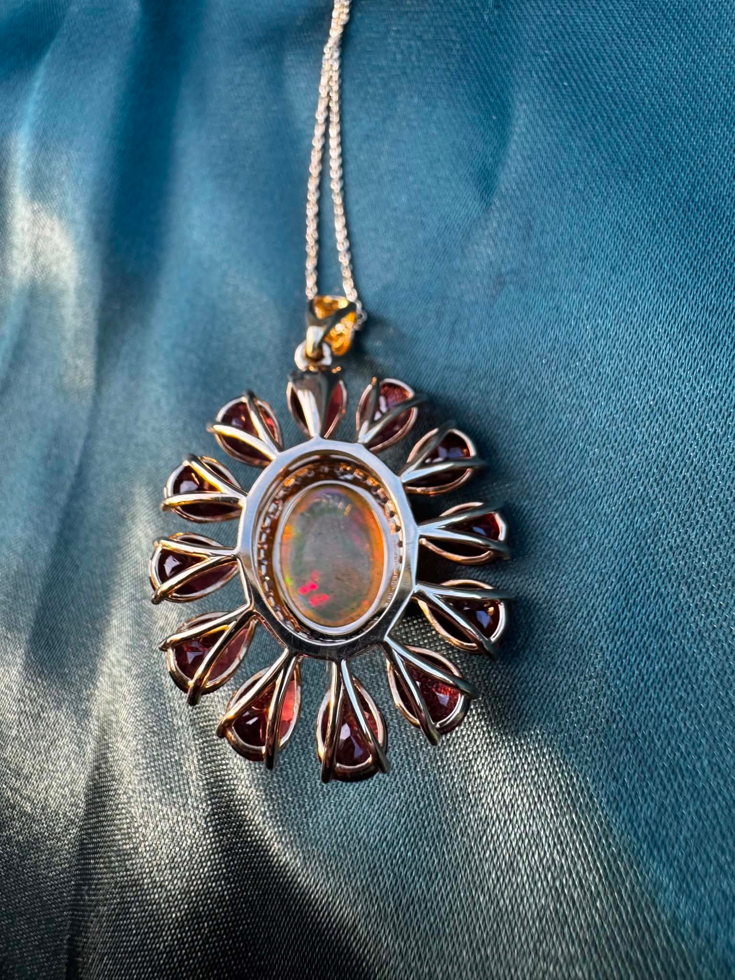 Opal, Garnet & Diamond Pendant in 14ct Gold — reverse view showing gold setting