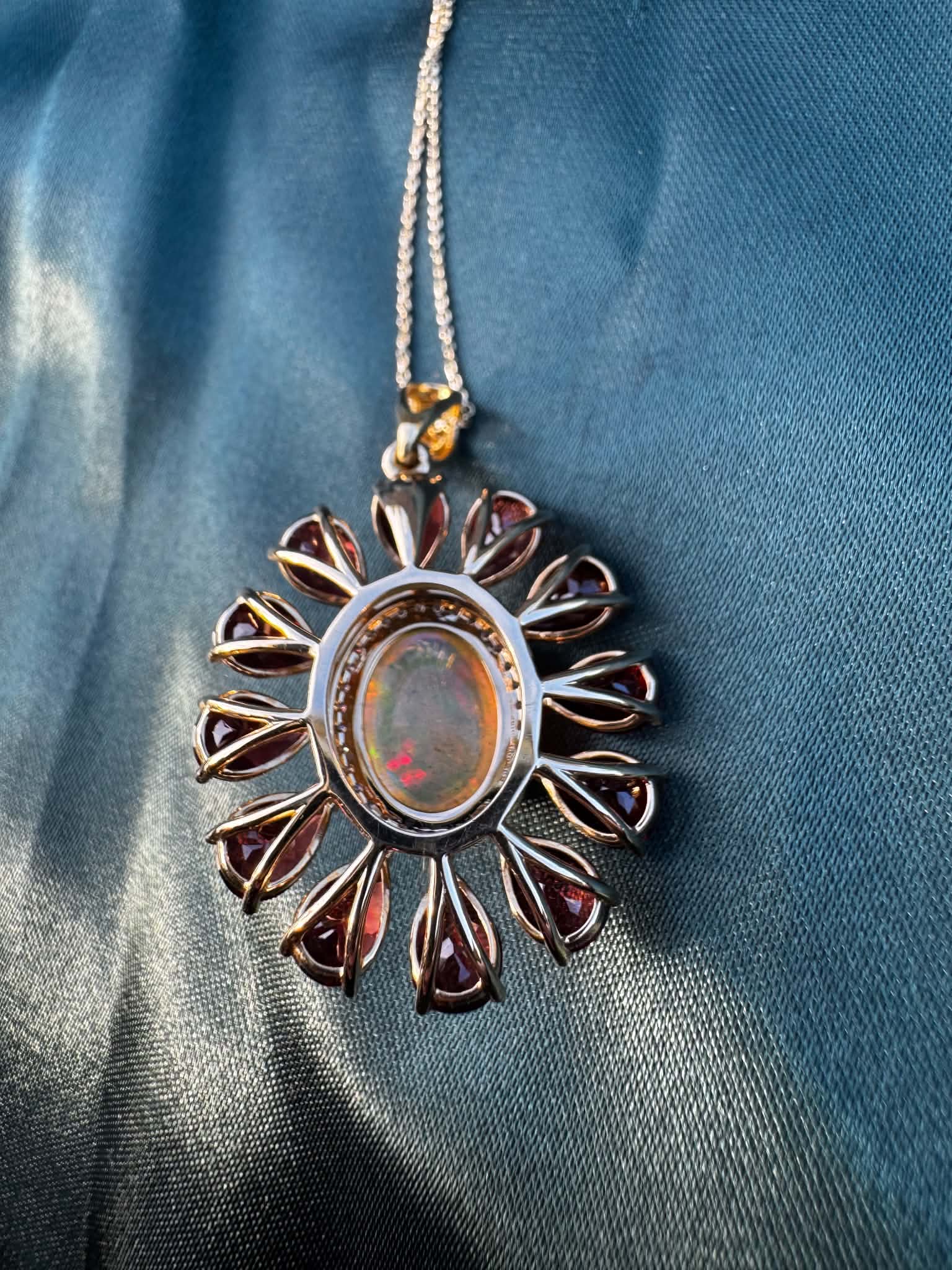 Opal, Garnet & Diamond Pendant in 14ct Gold — reverse view showing gold setting