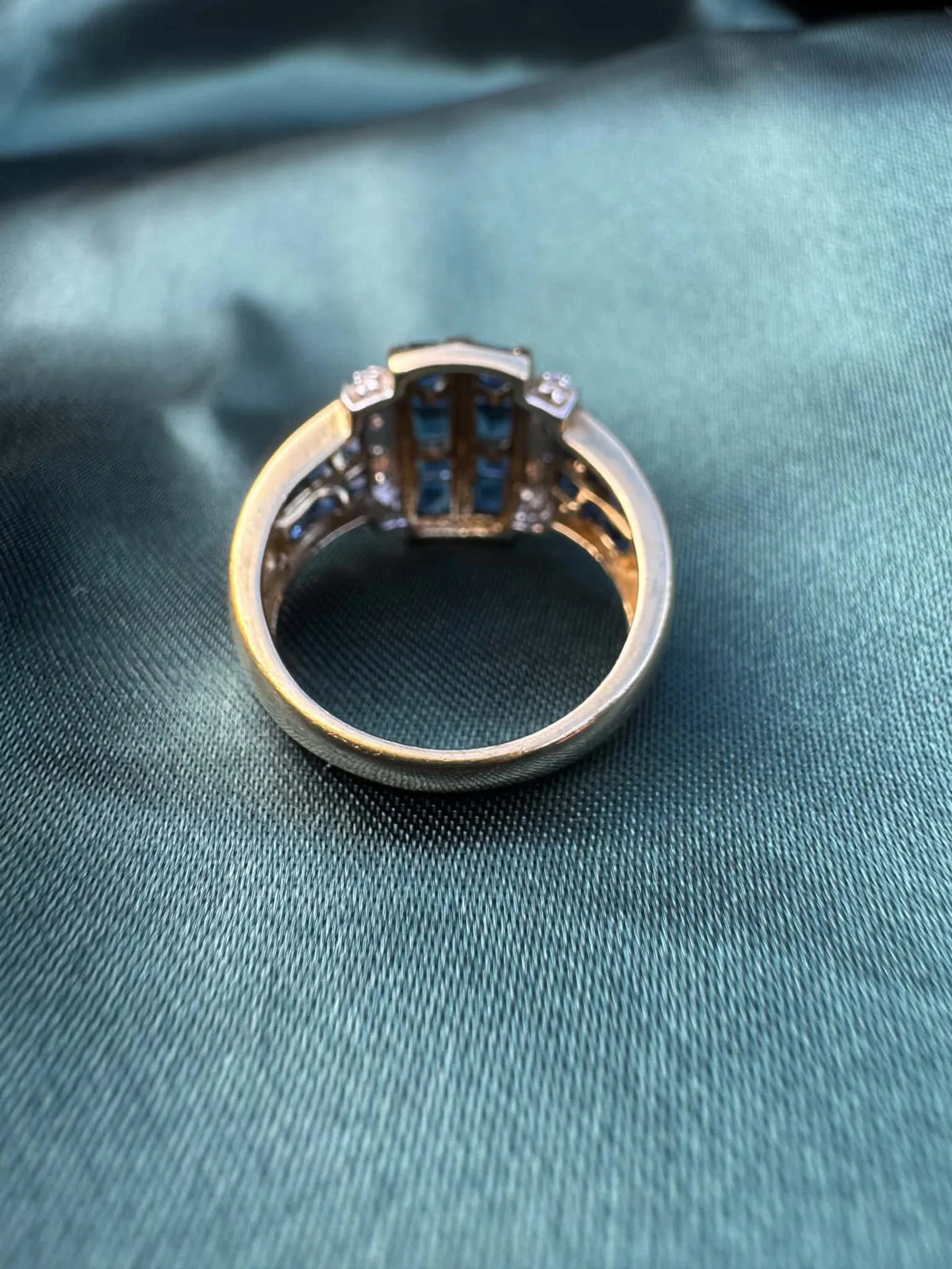 Sapphire and diamond dress ring in 9ct yellow gold, band and reverse view