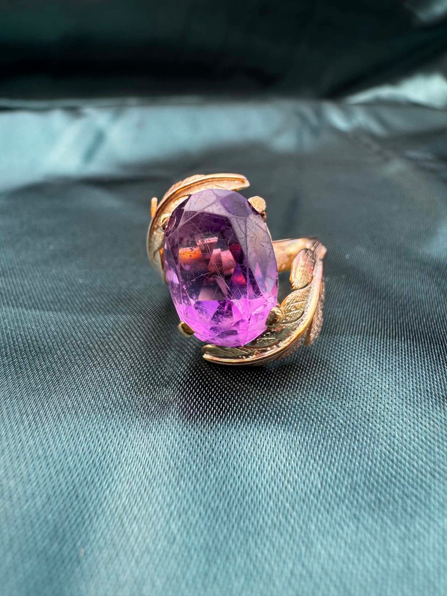 Amethyst foliate crossover cocktail ring in 14ct yellow gold, front view