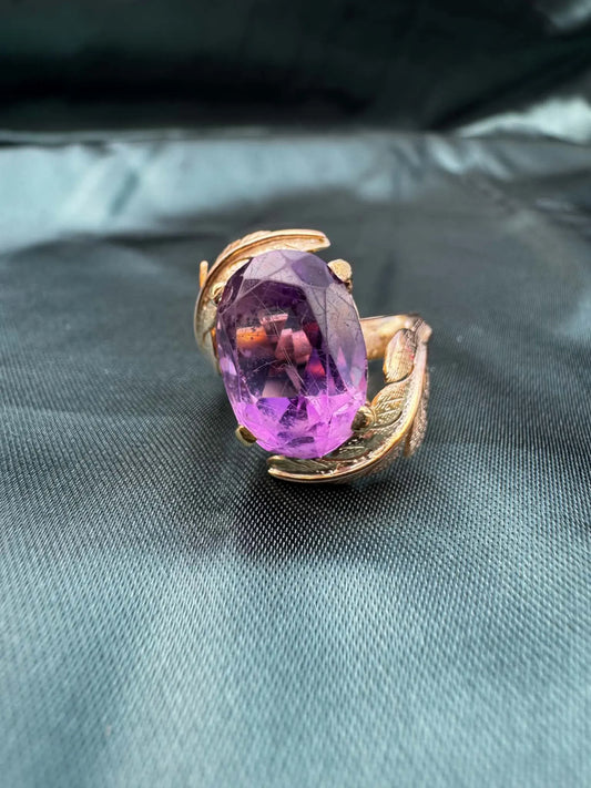 Amethyst foliate crossover cocktail ring in 14ct yellow gold, front view