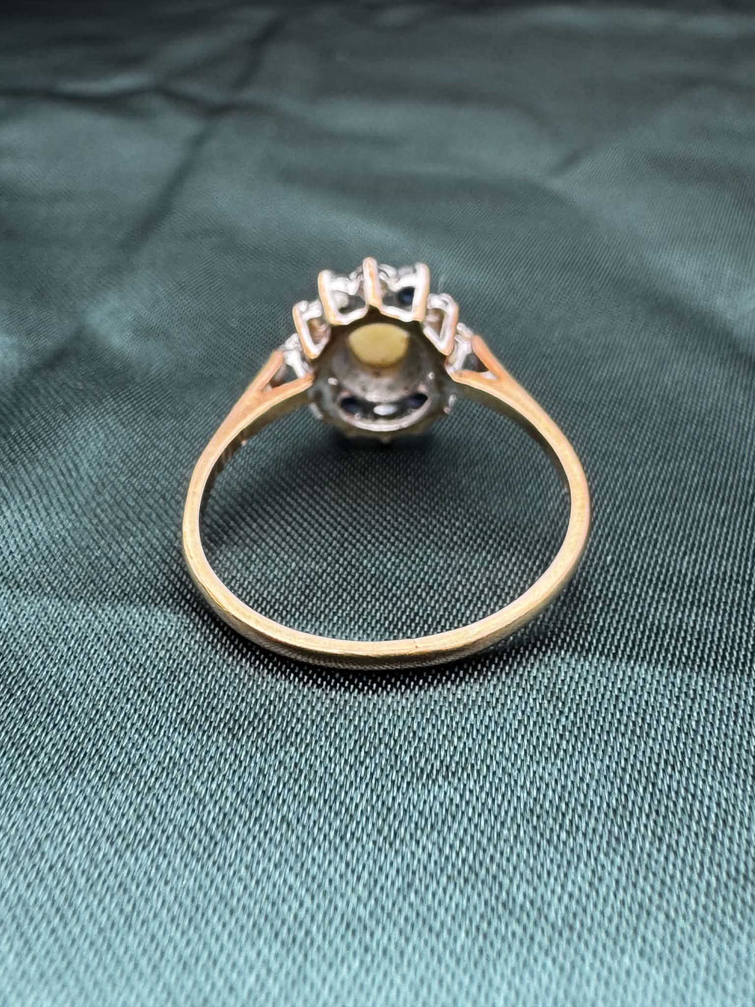 Opal, diamond and gem cluster ring in 9ct yellow gold, band and reverse view