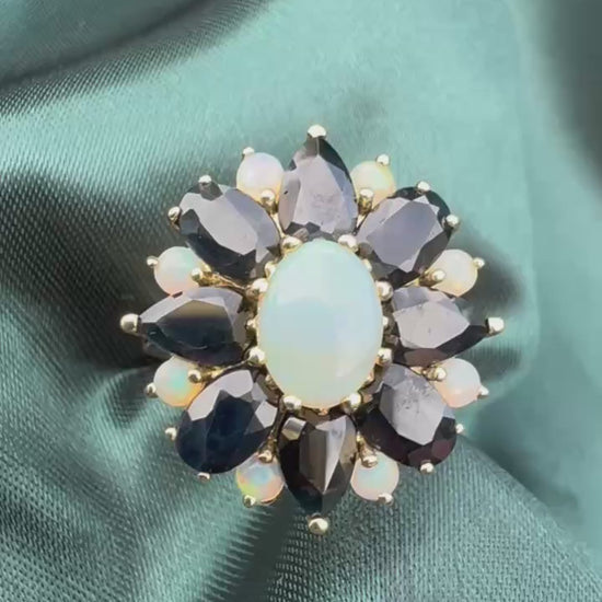 Opal and sapphire cluster ring in 9ct gold