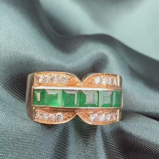 Emerald and diamond dress ring in 18ct yellow gold, video showing ring from multiple angles