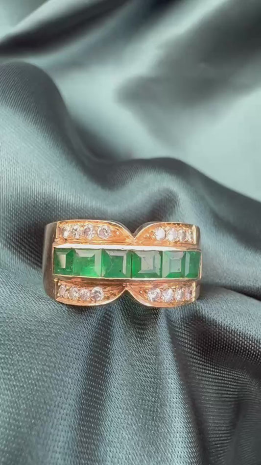 Emerald and diamond dress ring in 18ct yellow gold, video showing ring from multiple angles