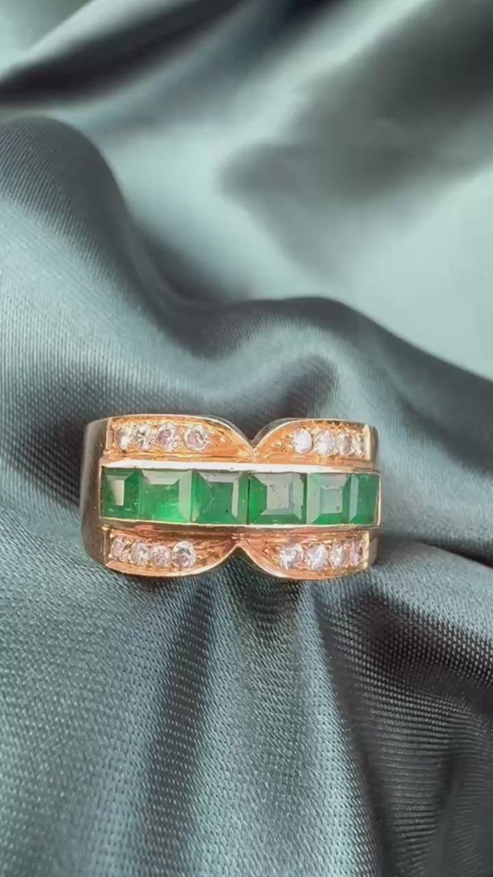 Emerald and diamond dress ring in 18ct yellow gold, video showing ring from multiple angles