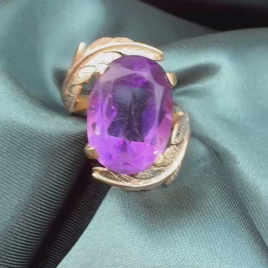 Amethyst foliate crossover cocktail ring in 14ct yellow gold, video showing ring from multiple angles