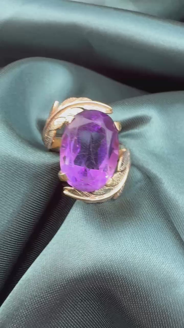 Amethyst foliate crossover cocktail ring in 14ct yellow gold, video showing ring from multiple angles