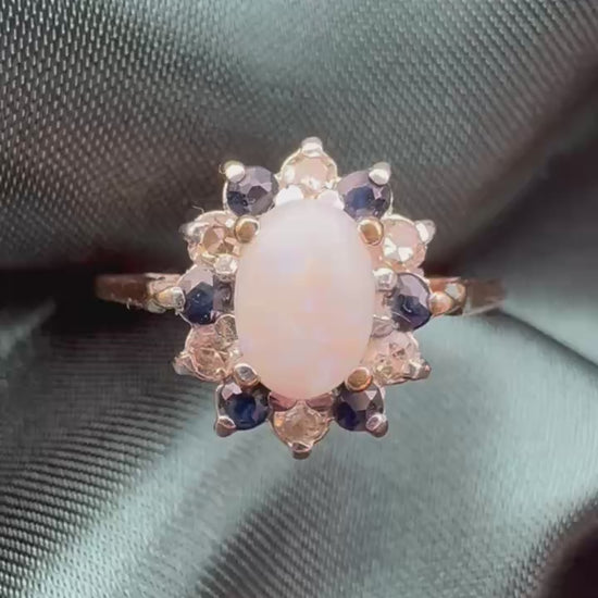 Opal, diamond and gem cluster ring in 9ct yellow gold, video showing ring from multiple angles