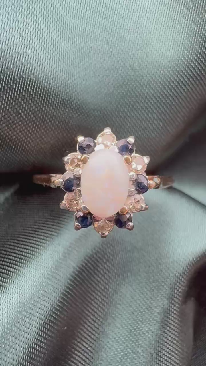 Opal, diamond and gem cluster ring in 9ct yellow gold, video showing ring from multiple angles